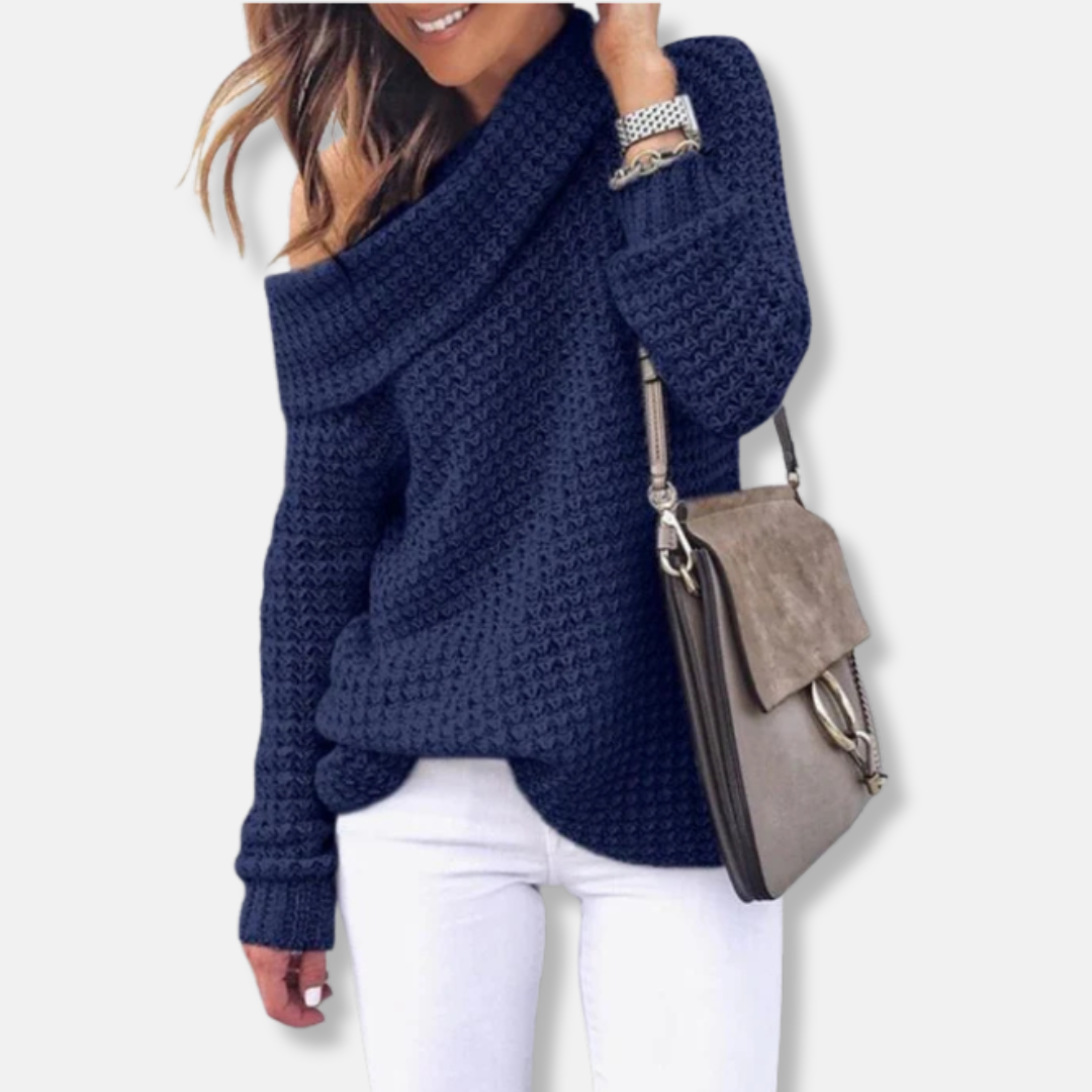 Women's oversized knit sweater off-shoulder draped neckline relaxed chic fit neutral tone