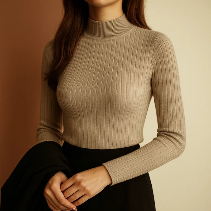 Vera Mont light beige ribbed knit sweater women half-high neck slim structured silhouette