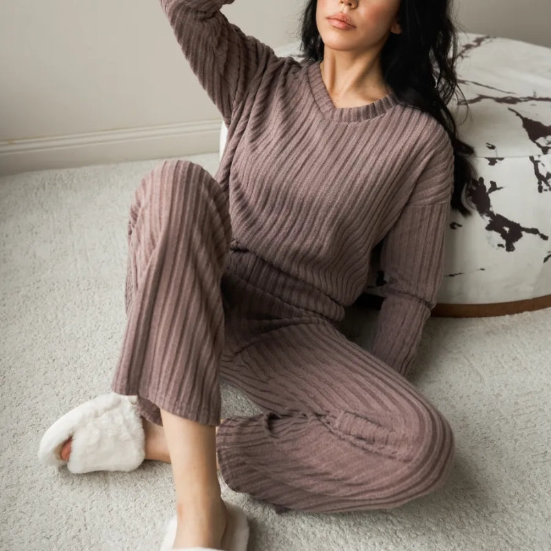Women's ribbed knit two-piece set V-neck sweater matching trousers soft polyester-nylon loungewear