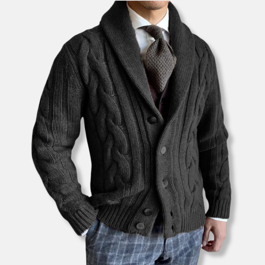 Men's wool cable knit cardigan regular fit shawl collar button closure autumn winter layering