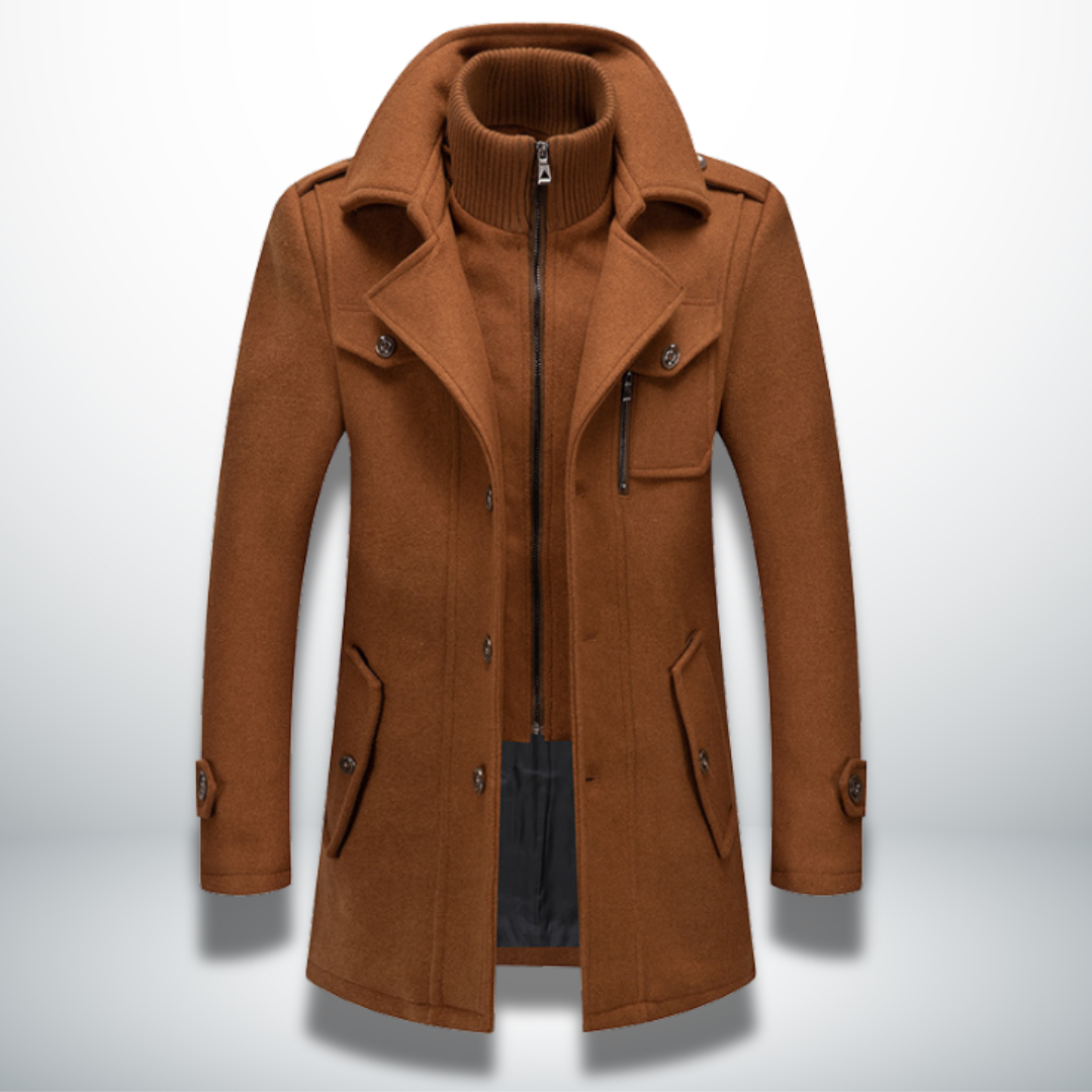 Men's long winter coat stand collar structured silhouette everyday style dark neutral tones