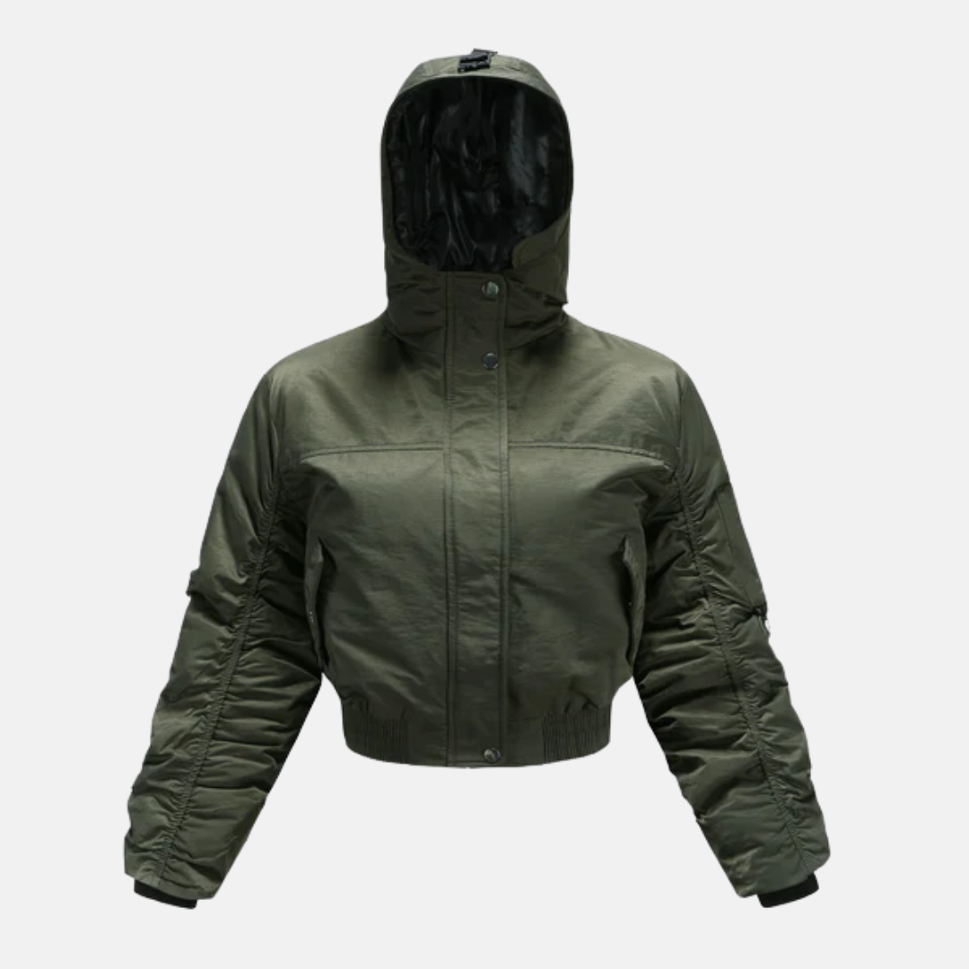 Women's cropped hooded puffer coat with ribbed cuffs, padded insulation for modern city warmth