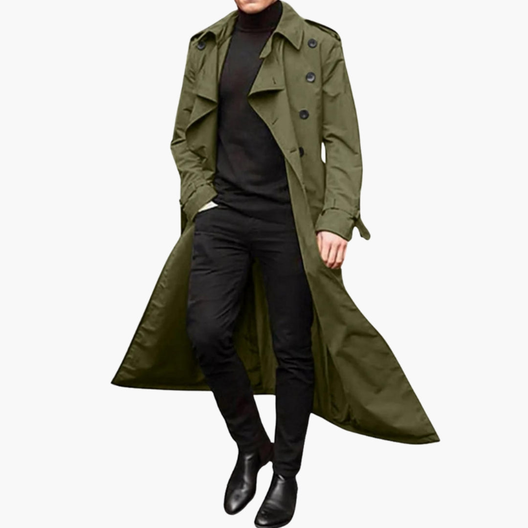 Men's ankle-length belted trench coat with wide notched lapels, classic cold-weather professional style