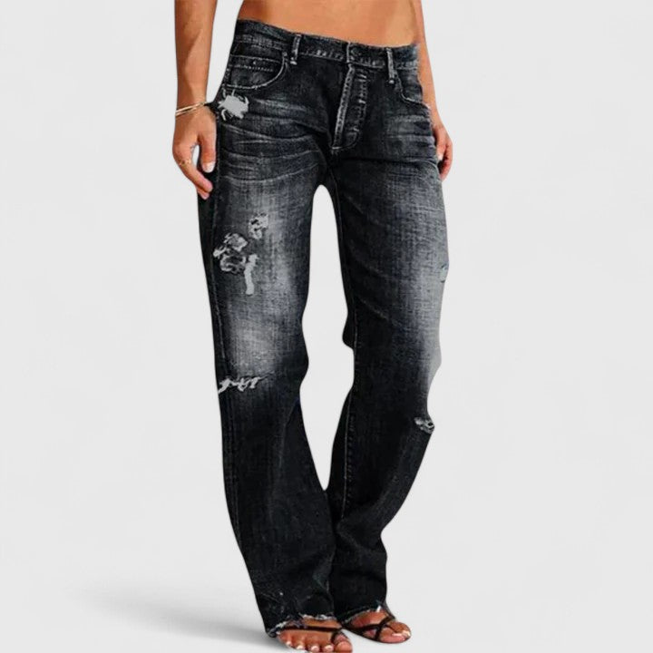 Light blue relaxed straight-leg jeans with vintage distressed accents for effortless everyday casual wear