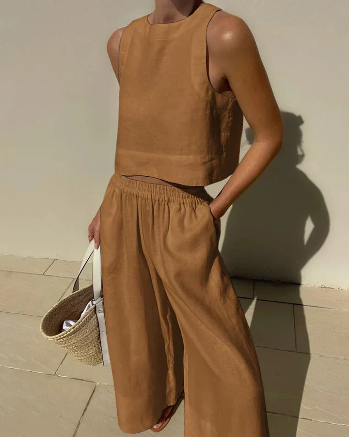 White linen minimalist matching set airy silhouette breathable fabric cool comfort warm days