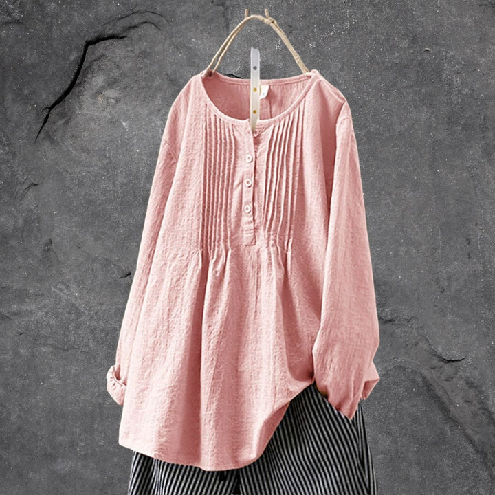 Ivory boho chic women's blouse with button-front placket and delicate ruffle trim details