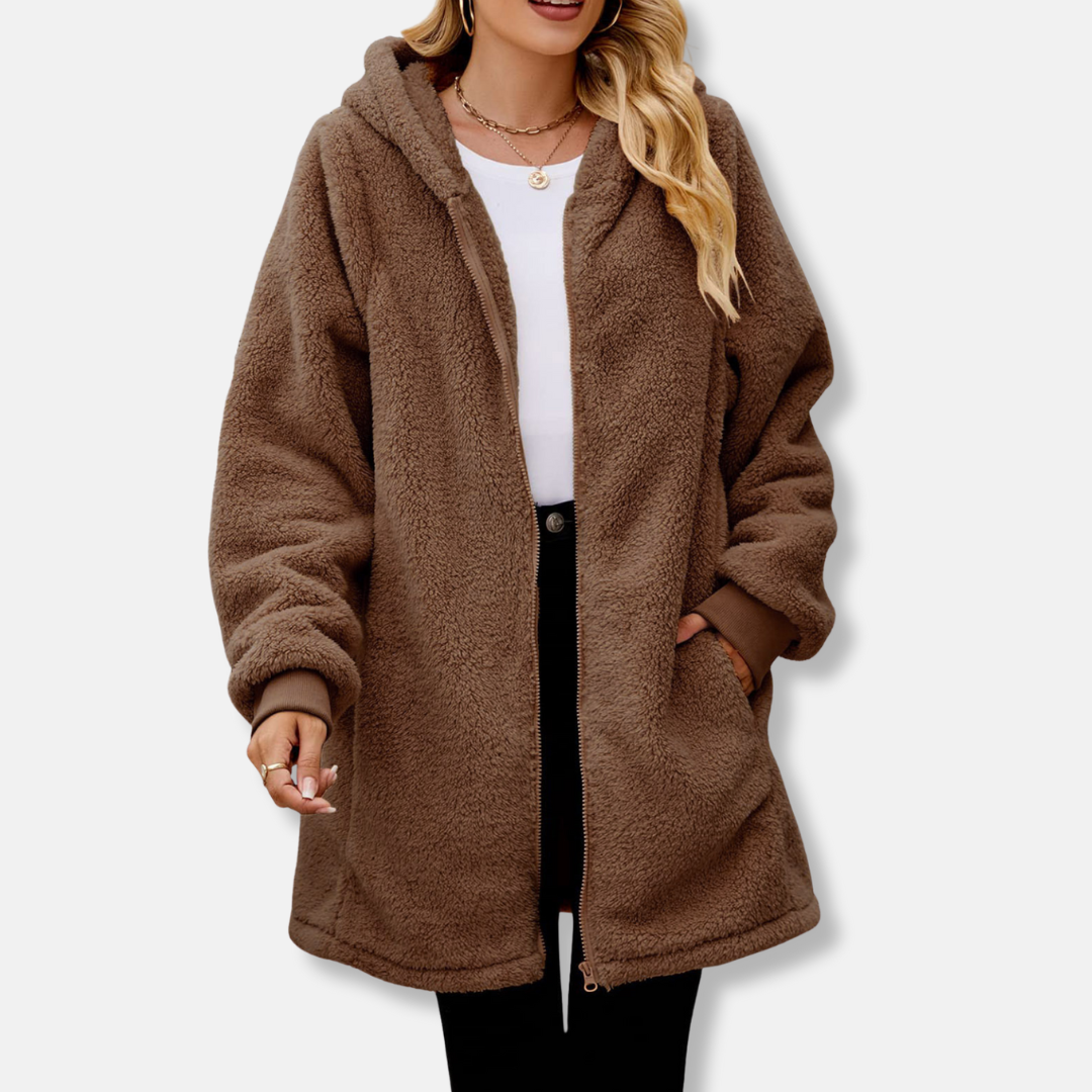 Women's plush oversized hooded zipper jacket in cozy fit with front pockets for fall winter