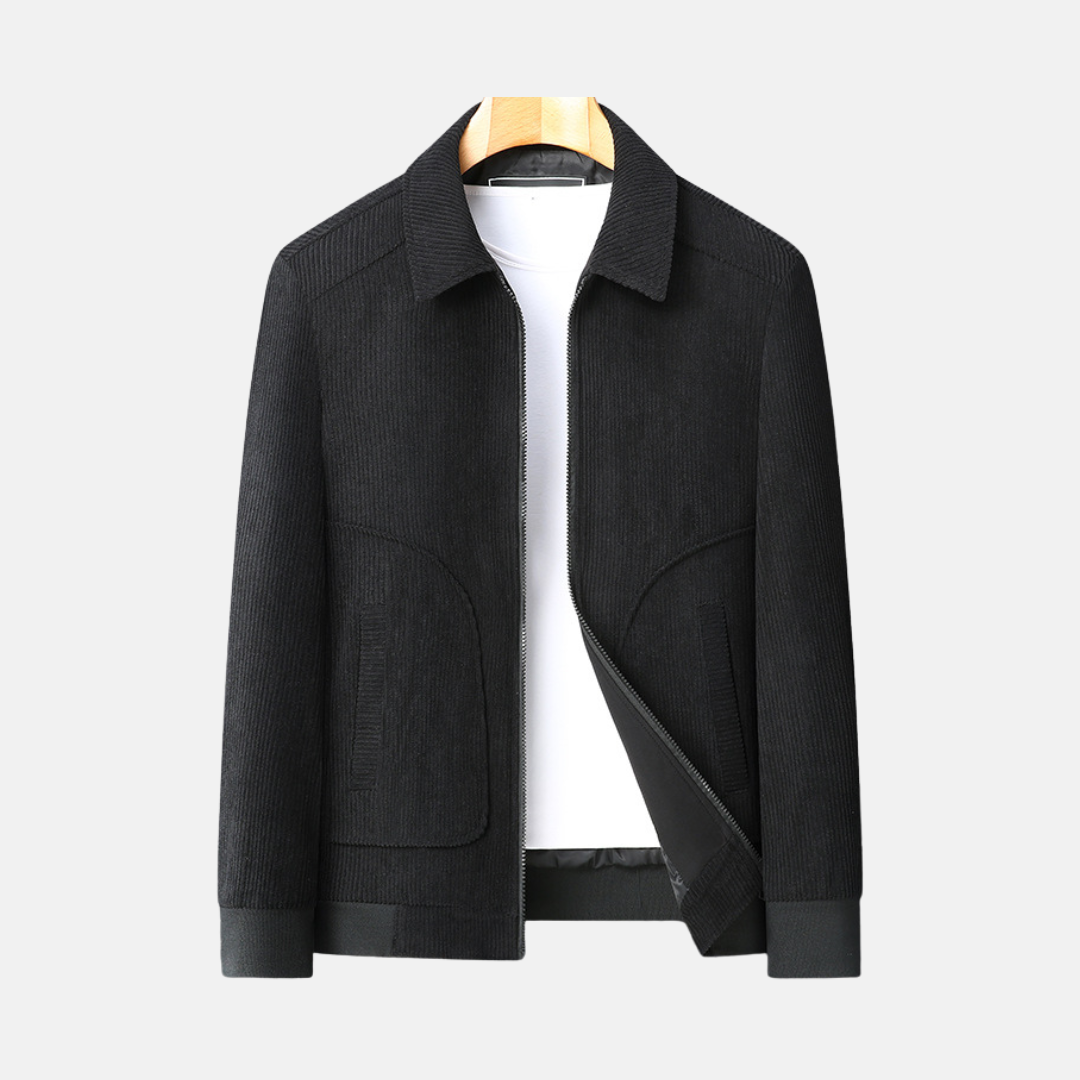 Men's brown corduroy hip-length loose-fit jacket with distinctive wale texture for smart casual style