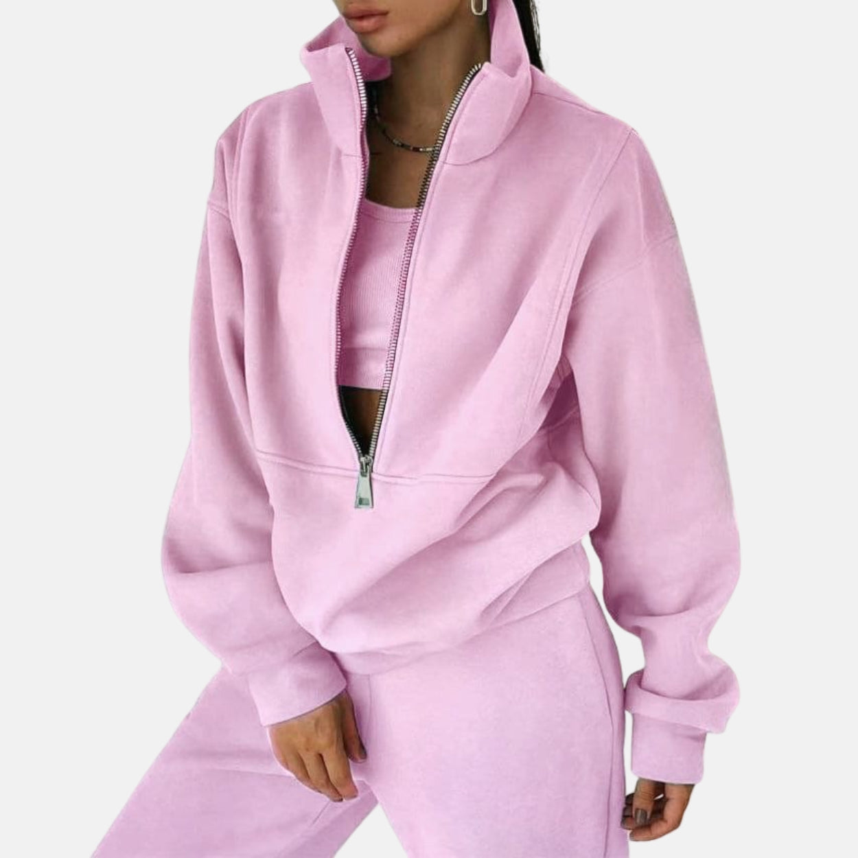 Women's relaxed fit two-piece tracksuit set high collar zip top cotton blend full length pants