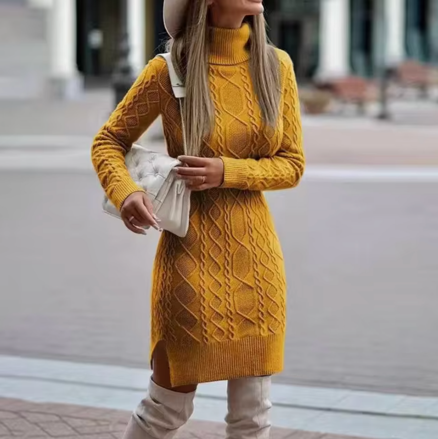 Women's cable knit jumper dress in cozy roll neck style, textured knit for versatile everyday wear