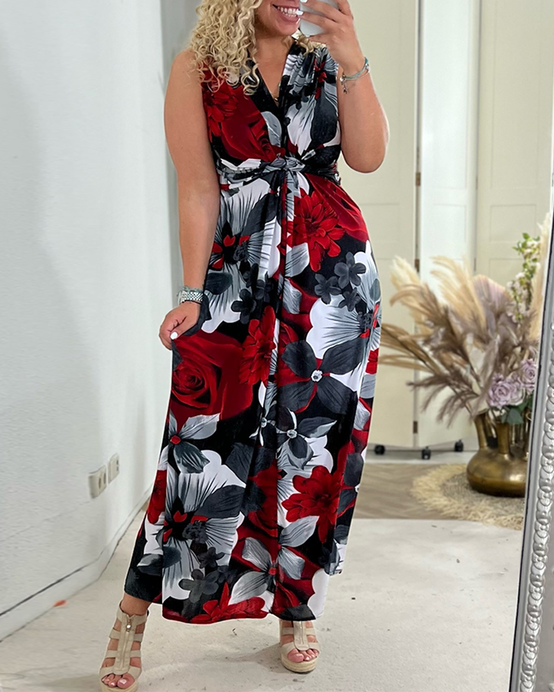 Viola | Women's Floral Maxi Dress Sleeveless Tie Front V-Neck