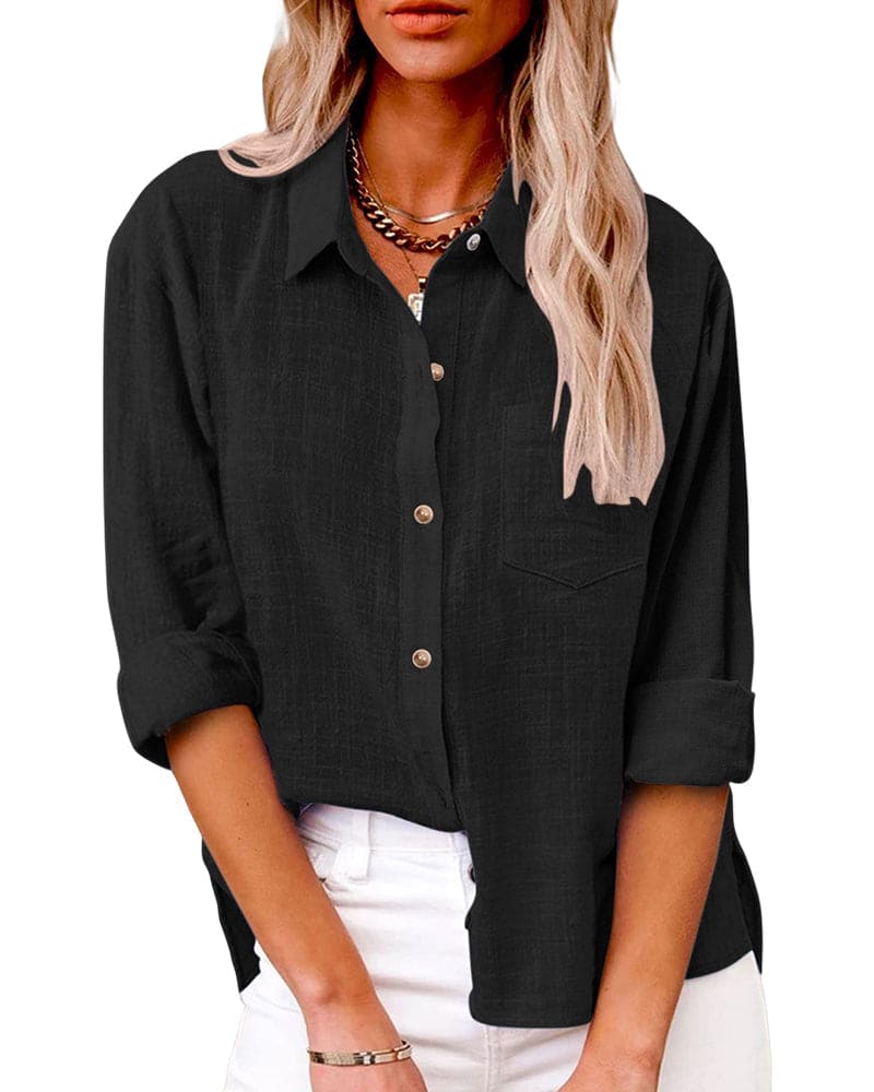 Women's casual long sleeve button-down shirt relaxed fit soft drape versatile everyday style