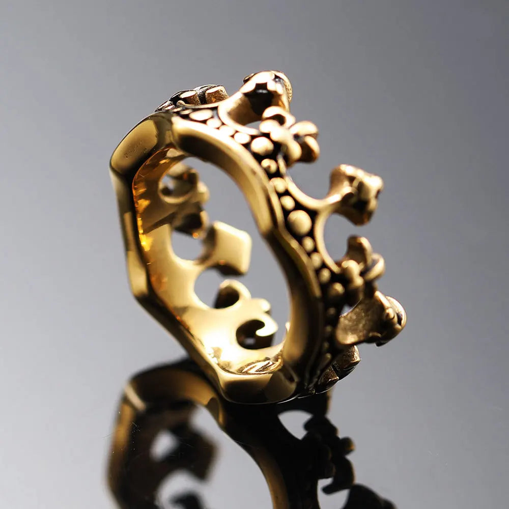 Bold silver stainless steel crown ring with fleur-de-lis motif and beaded royal detailing for men