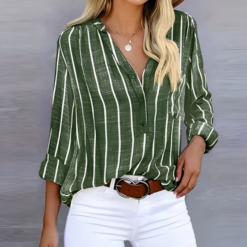 Women's lightweight vertical stripe button-front blouse with flattering shirttail hem in soft breathable fabric