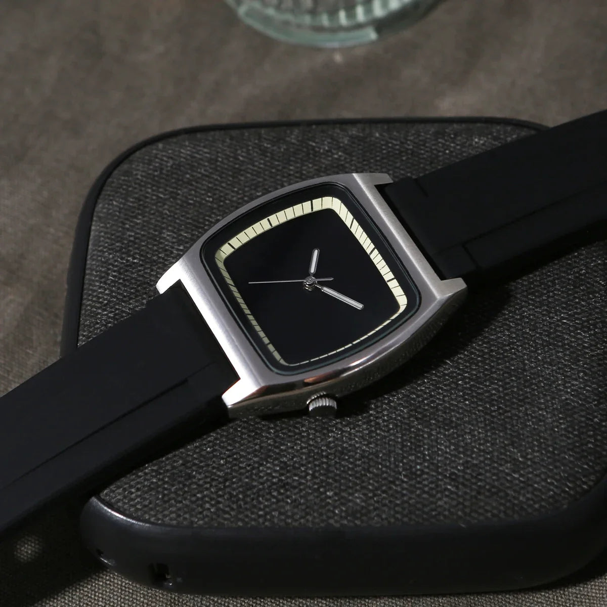 Square-dial minimalist watch brushed metal case luminous markers clean geometric design for professionals