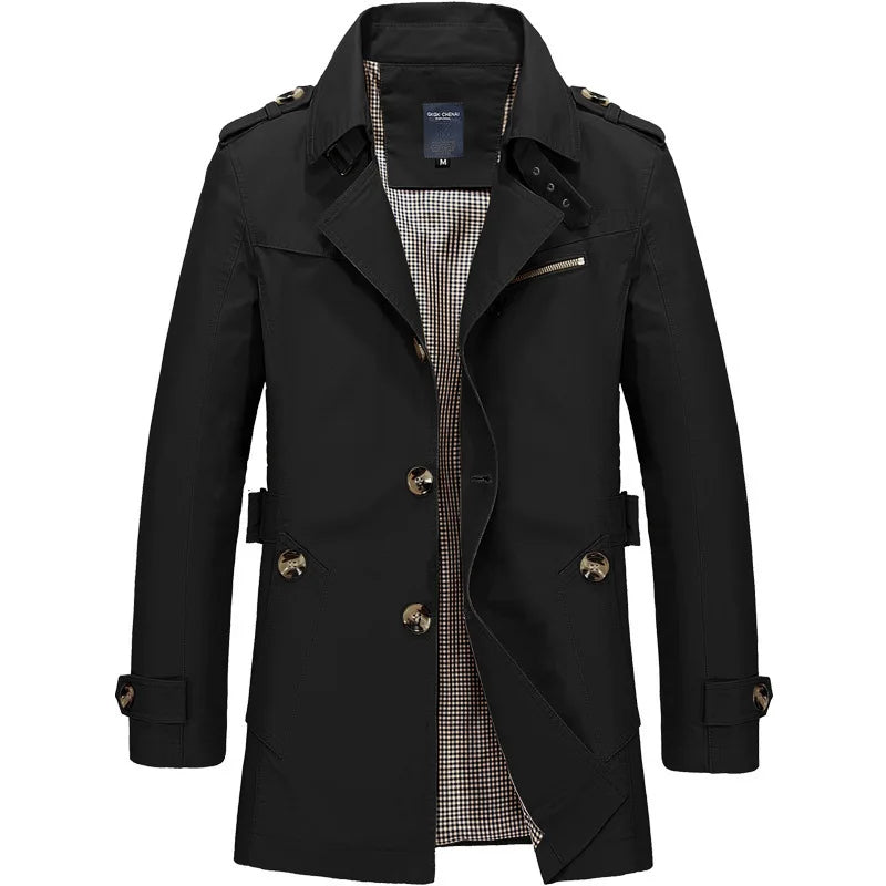 Men's knee-length belted trench coat classic cut with shoulder epaulets, timeless business casual style