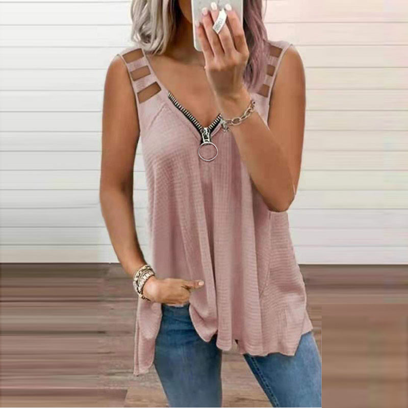 Bold red women's sleeveless blouse with shoulder cutouts and crossed straps for casual elegance
