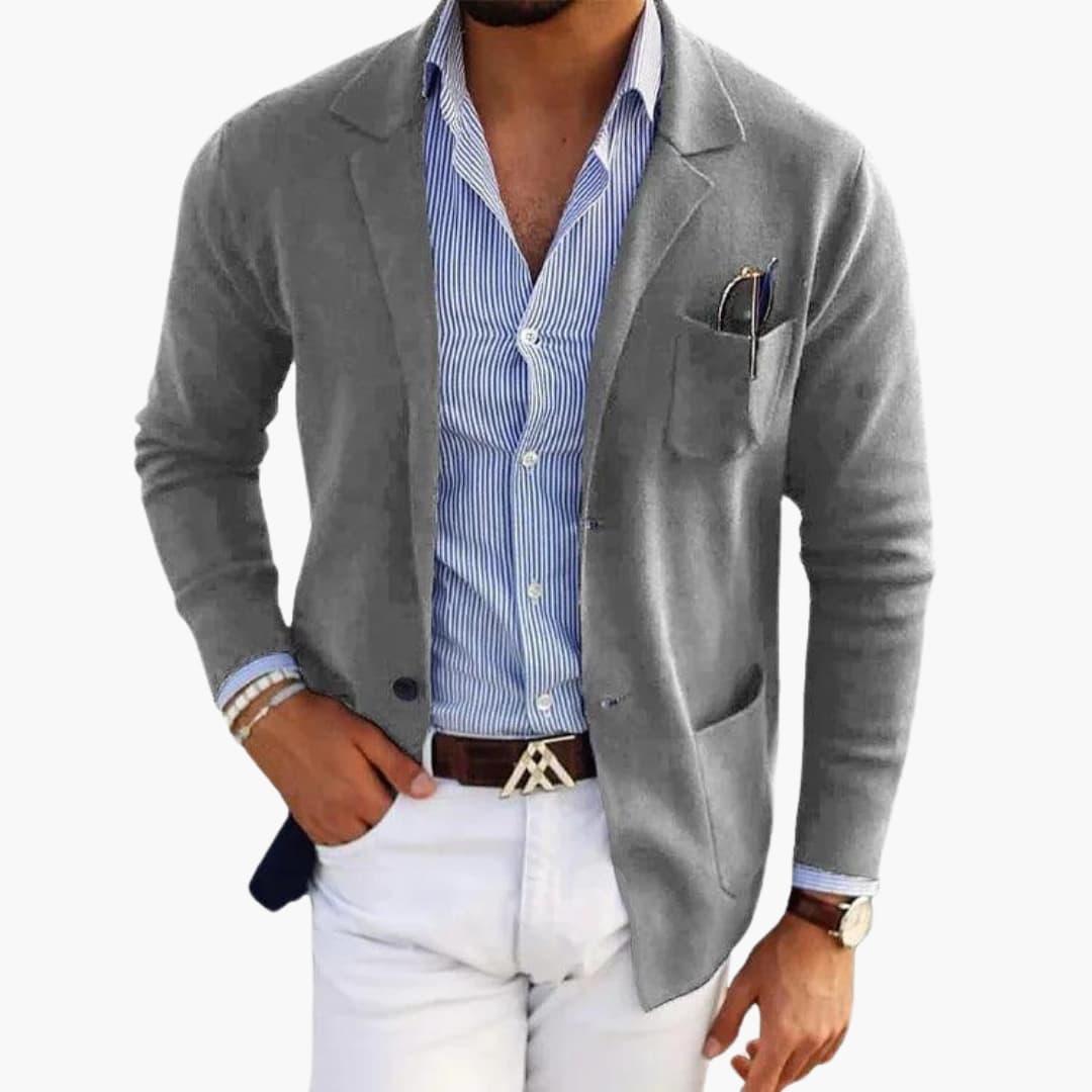 Men's grey knit blazer lapel collar smart casual slim fit center front closure office wear