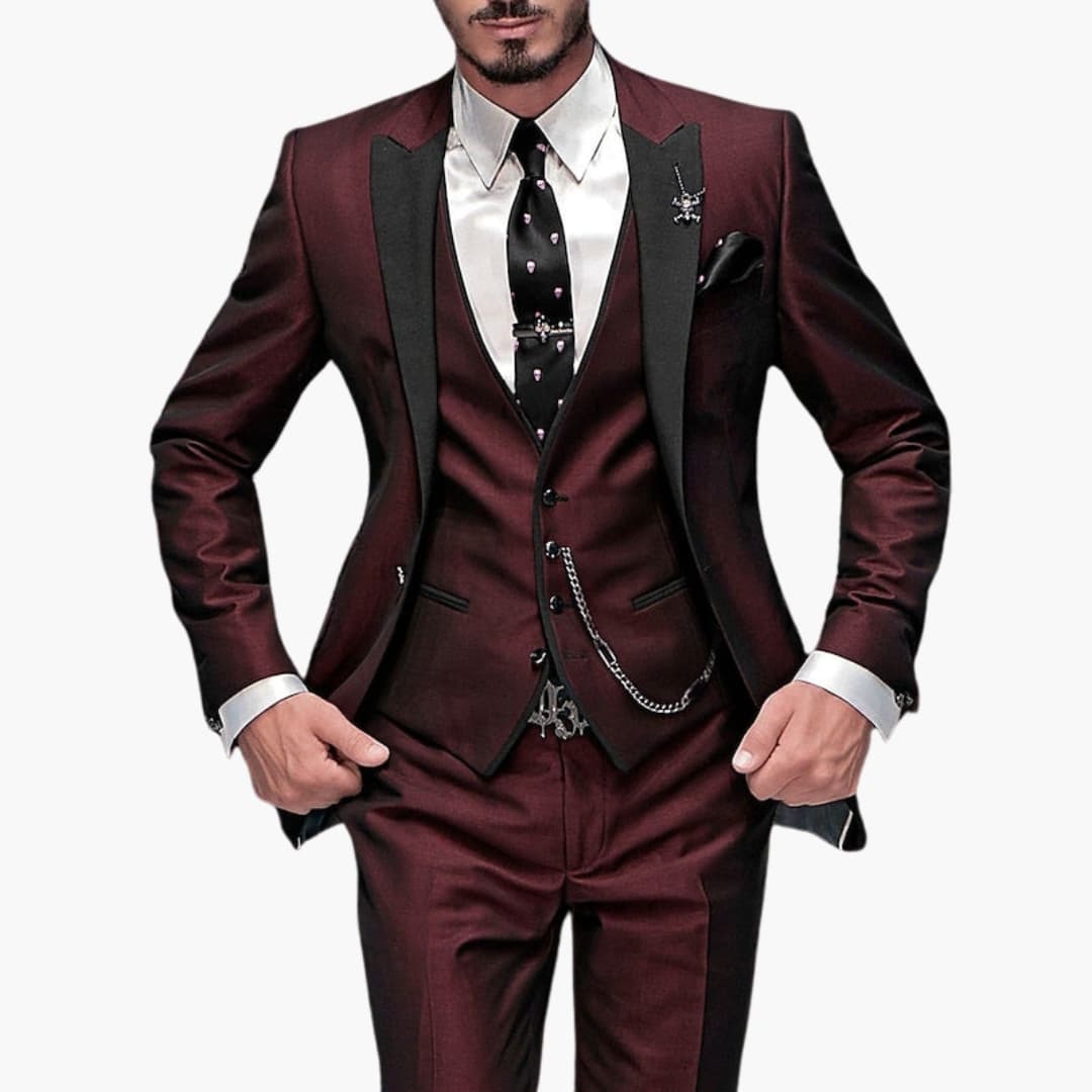 Men's charcoal three-piece suit set with notched lapels, waistcoat, and tailored trousers for formal occasions