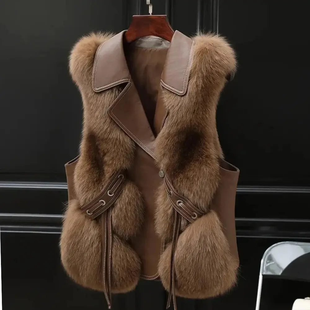 Women's ivory faux fur trim sleeveless vest with bold oversized lapel and adjustable side ties