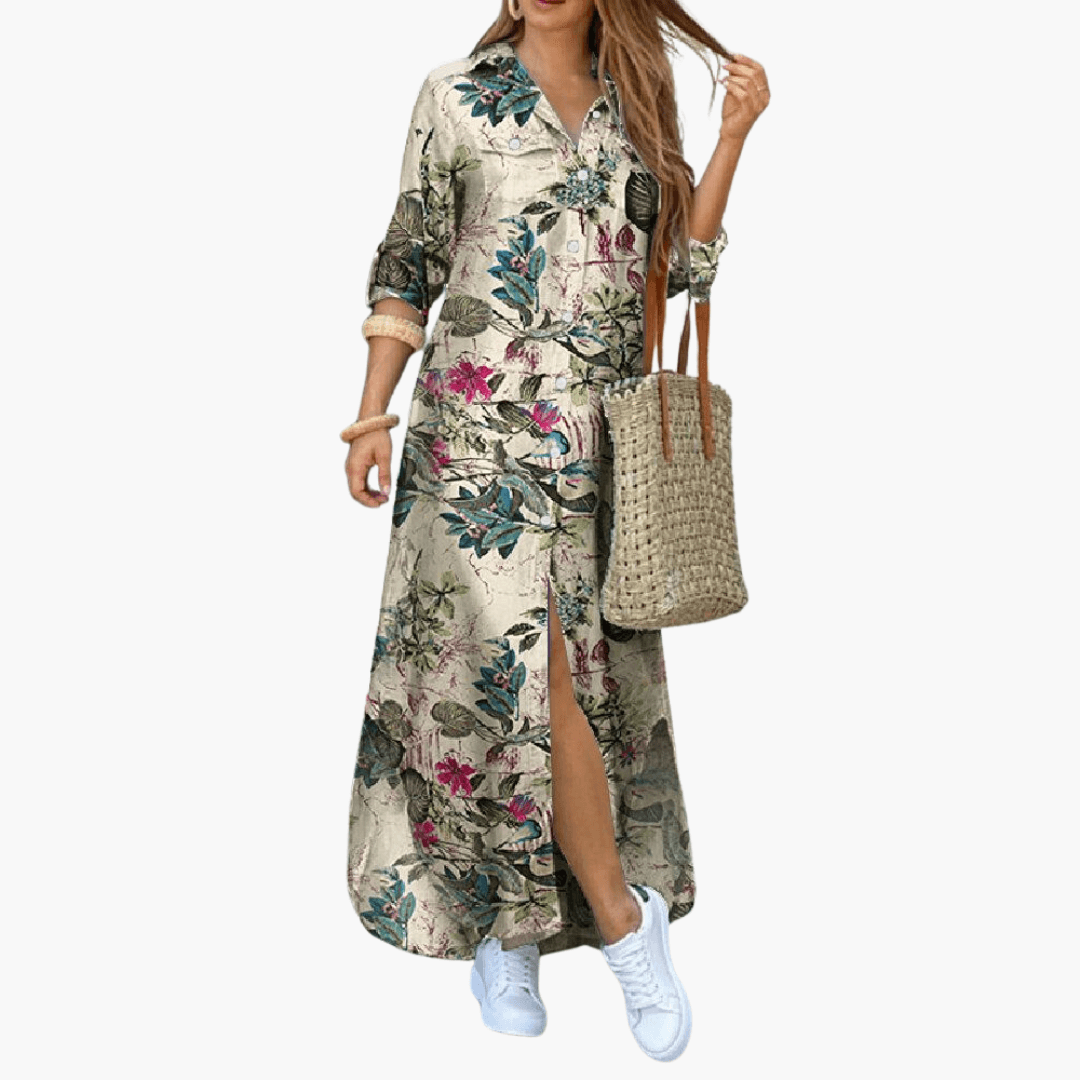 Women's floral maxi dress with button front placket, elegant long breezy silhouette for garden parties