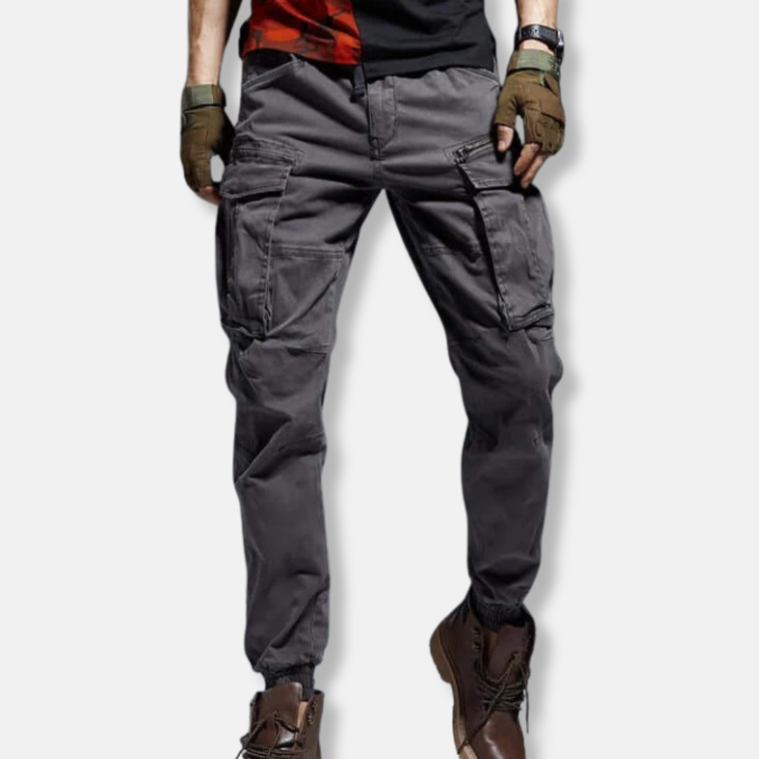 Men's gray cargo jogger pants relaxed fit cotton blend with multi utility pockets everyday wear