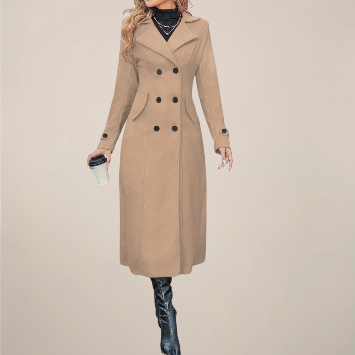 Women's double-breasted long overcoat with tailored lapel collar, slim cinched waist, autumn winter