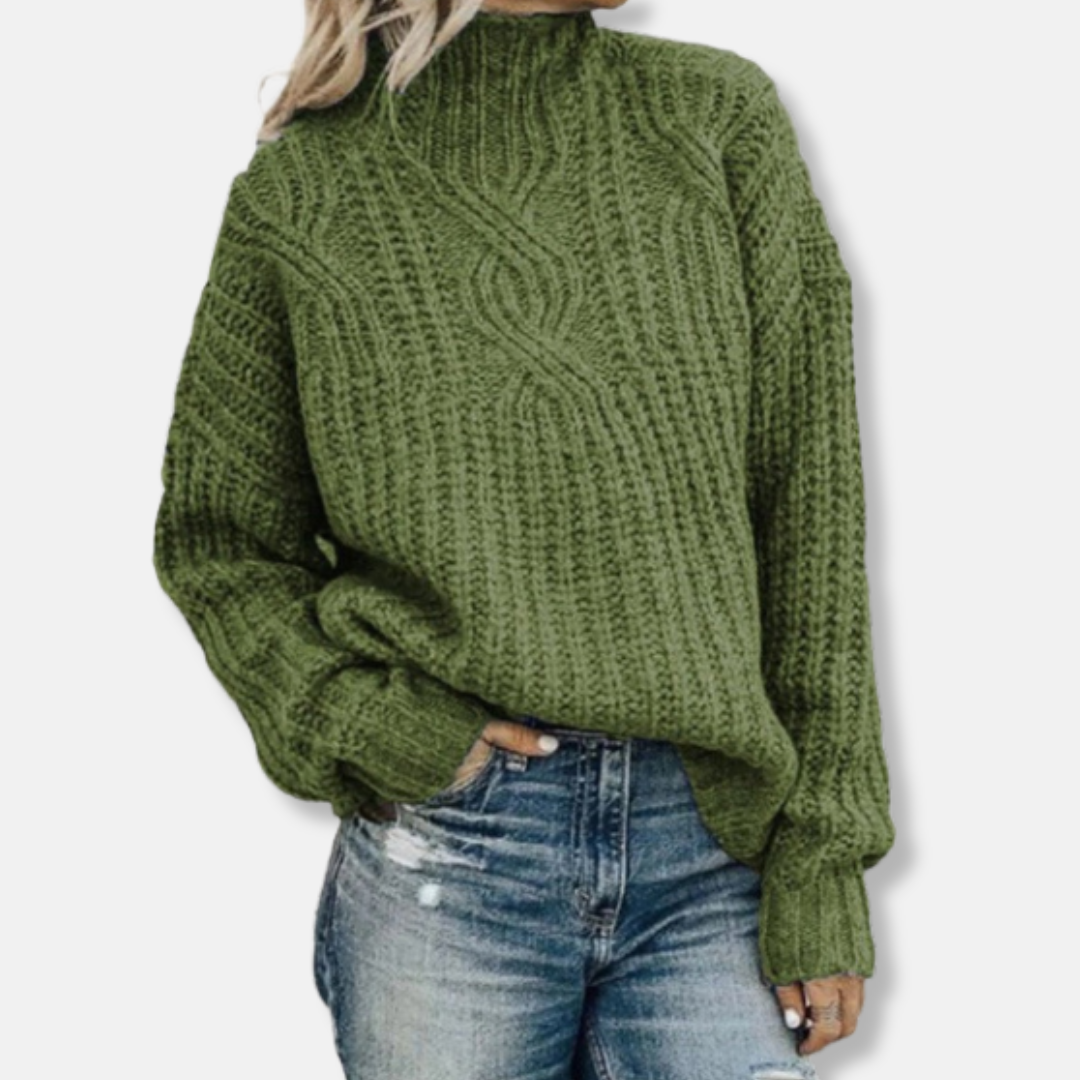 Women's wool cable knit pullover high neck relaxed fit long sleeve sweater in cozy everyday style