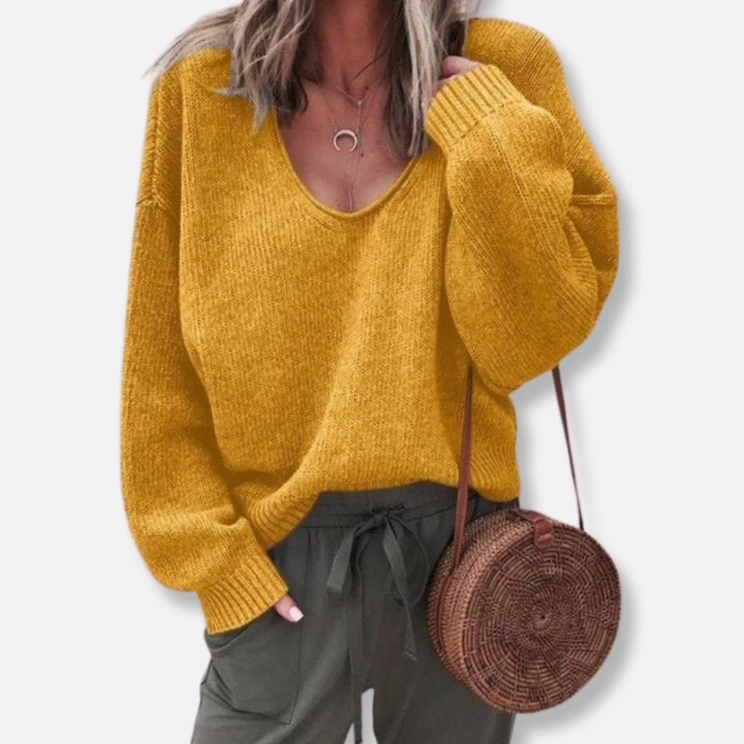 Women's relaxed fit deep V-neck knit sweater soft wool blend cozy everyday style long sleeves
