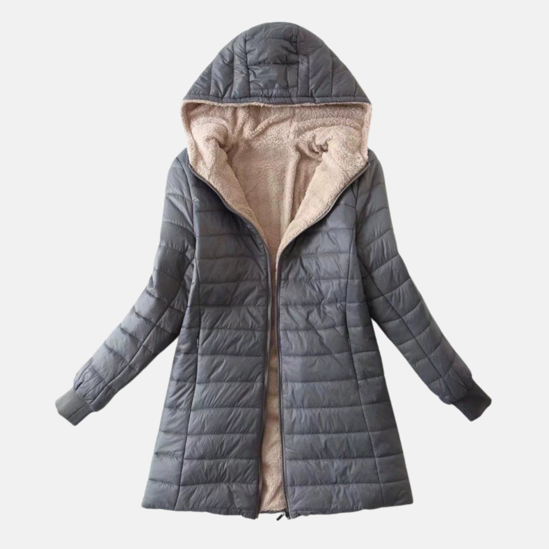 Women's mid-length hooded puffer coat quilted exterior plush lining regular fit winter jacket