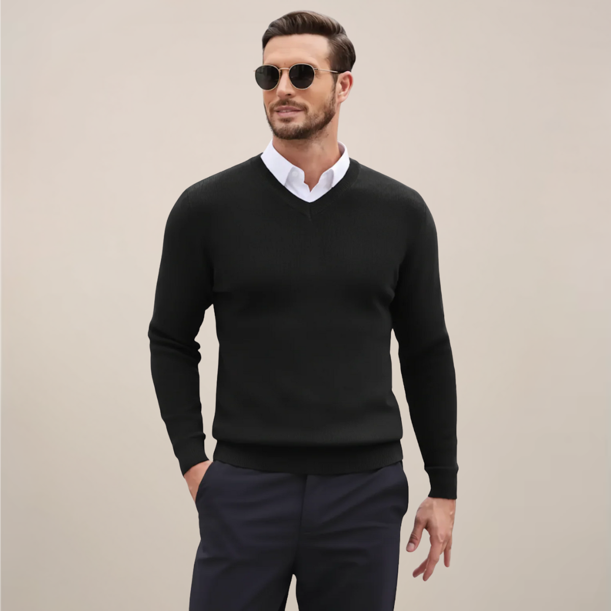 Men's slim fit v-neck sweater in classic fine knit, versatile layering essential for everyday wear