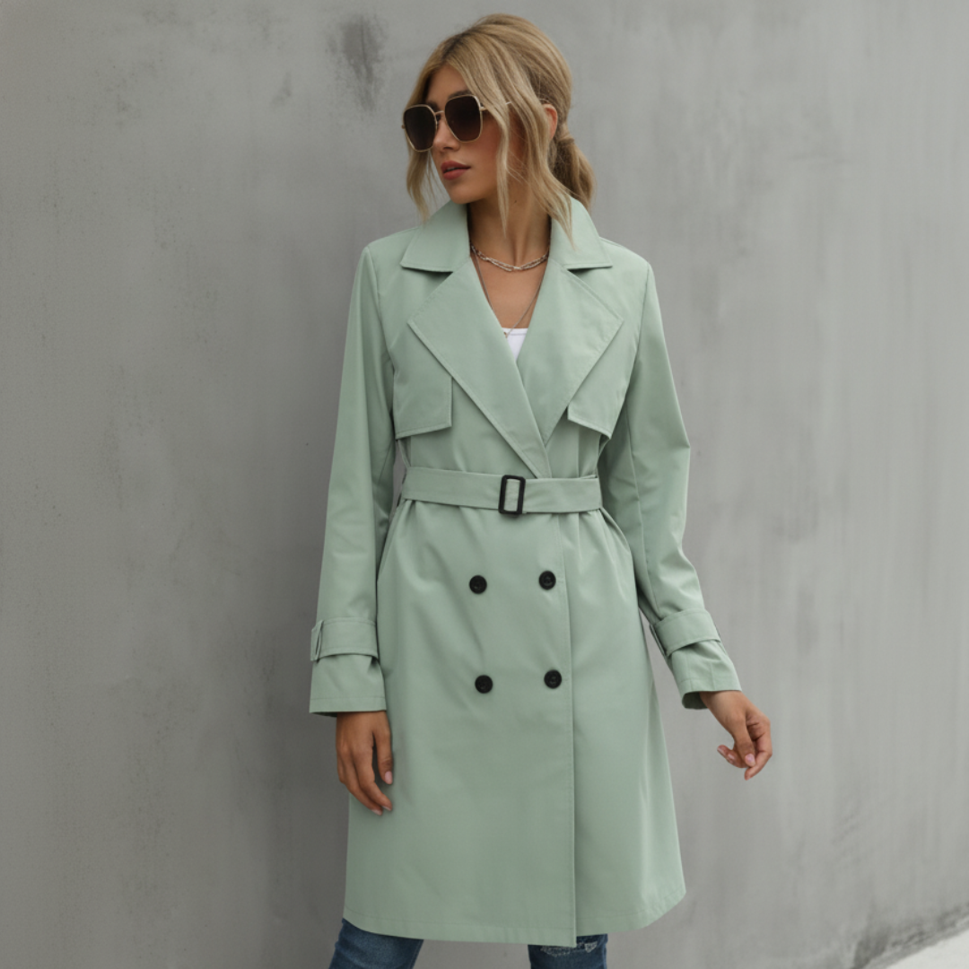Women's beige double-breasted belted knee-length trench coat with classic sophisticated closure
