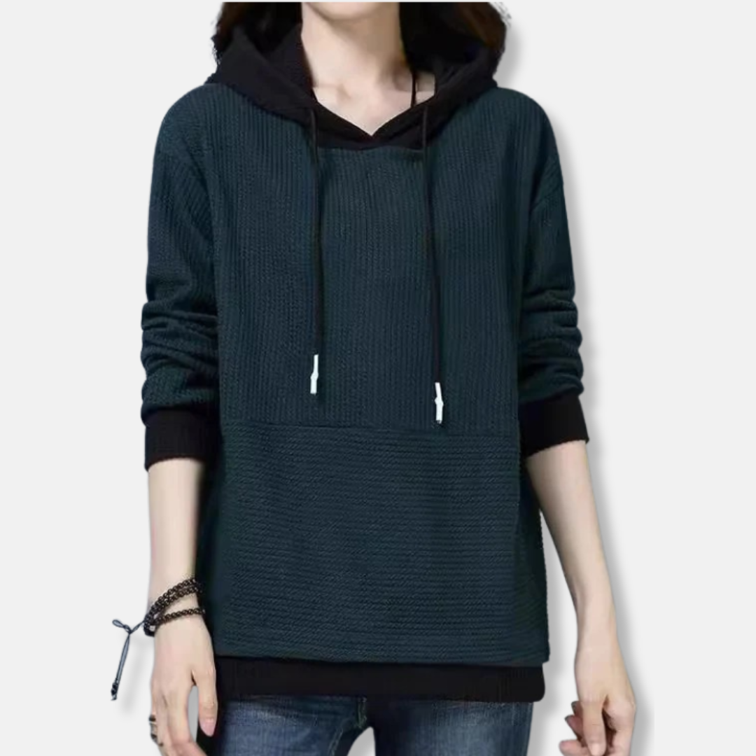 Women's knit hooded sweatshirt loose tunic length adjustable hood textured fabric casual style