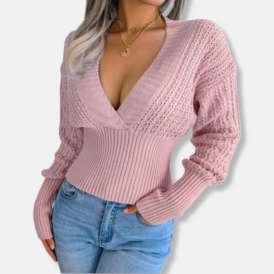 Women's slim fit deep V-neck knitted top with open knit sleeves and ribbed waist detail