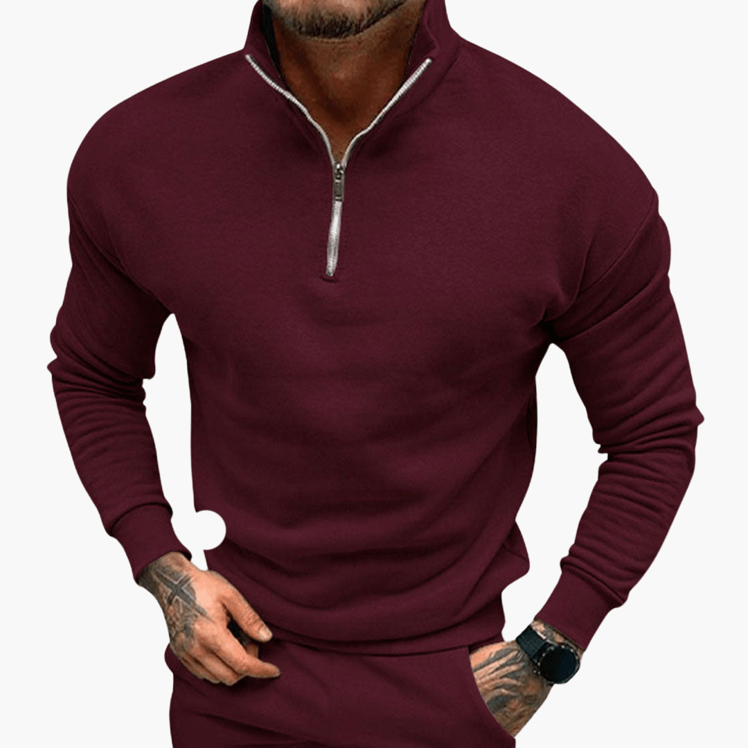 Men's slim fit half-zip sweatshirt in neutral tone, versatile layering piece for travel and daily wear