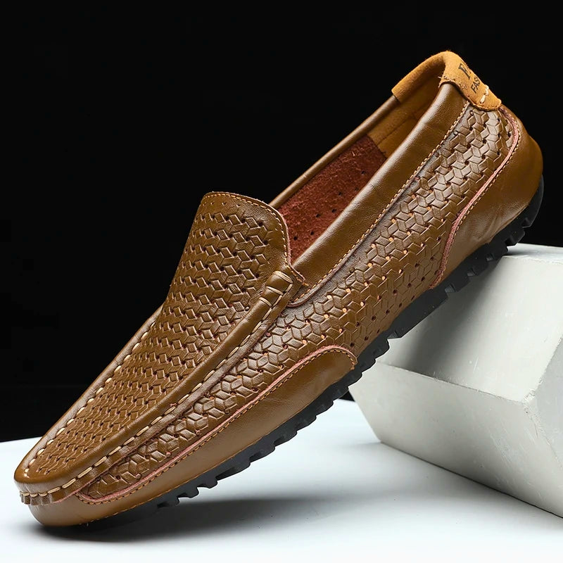 Men's brown genuine leather loafers with perforated detailing for breathable comfort and refined style