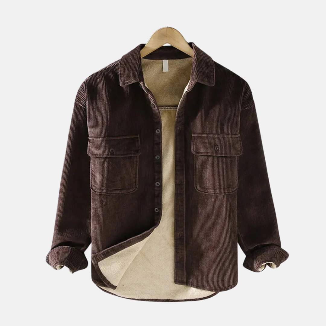 Men's brown corduroy relaxed-fit jacket with soft textured finish for casual everyday layering