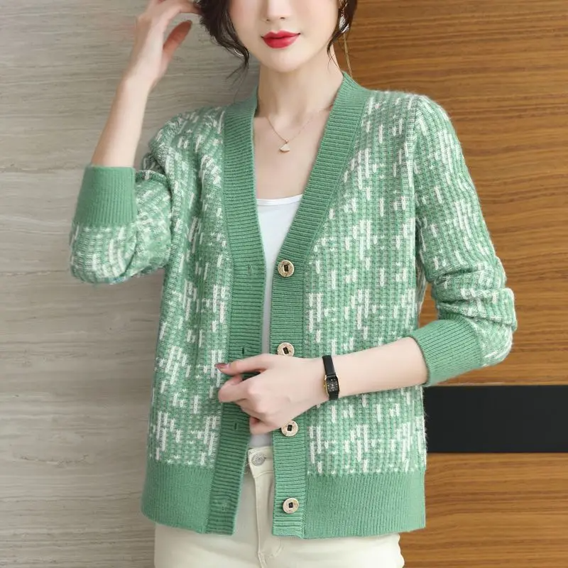 Women's soft knit cardigan jacquard button-front lightweight cozy layer neutral tones effortless style