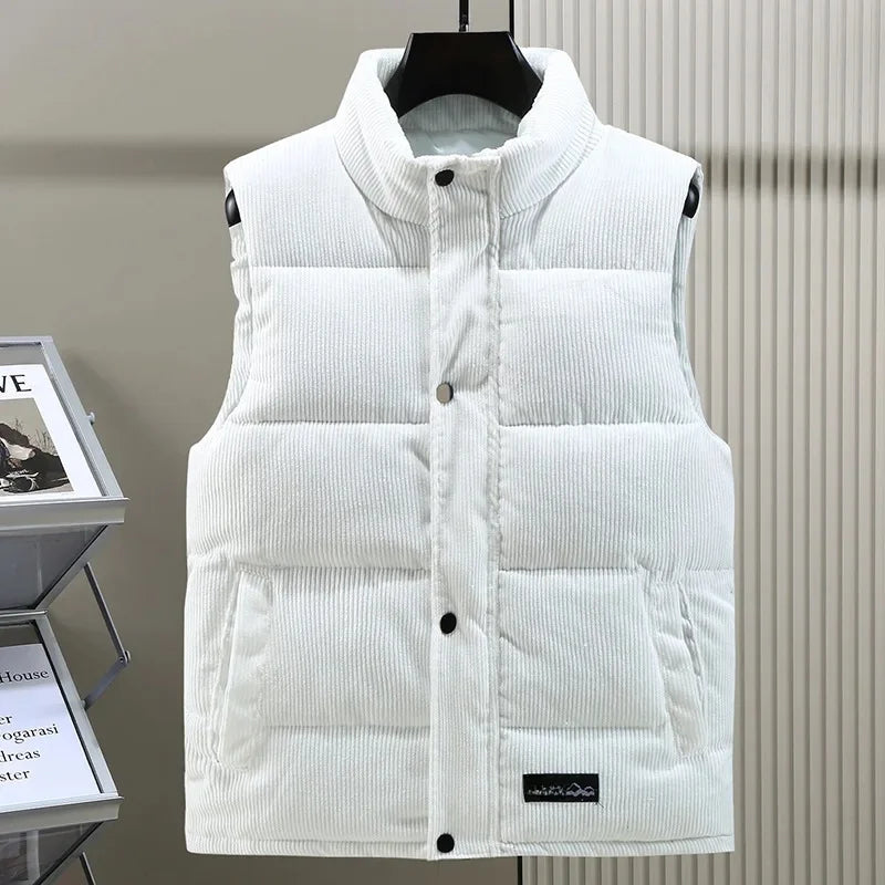 Men's navy corduroy puffer vest windproof stand collar silky lining structured texture