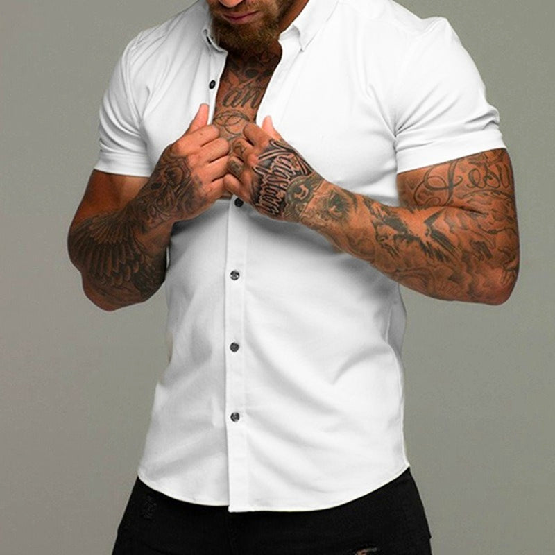 Light blue stretch-fit short sleeve dress shirt with wrinkle-resistant athletic sculpted cut for professionals