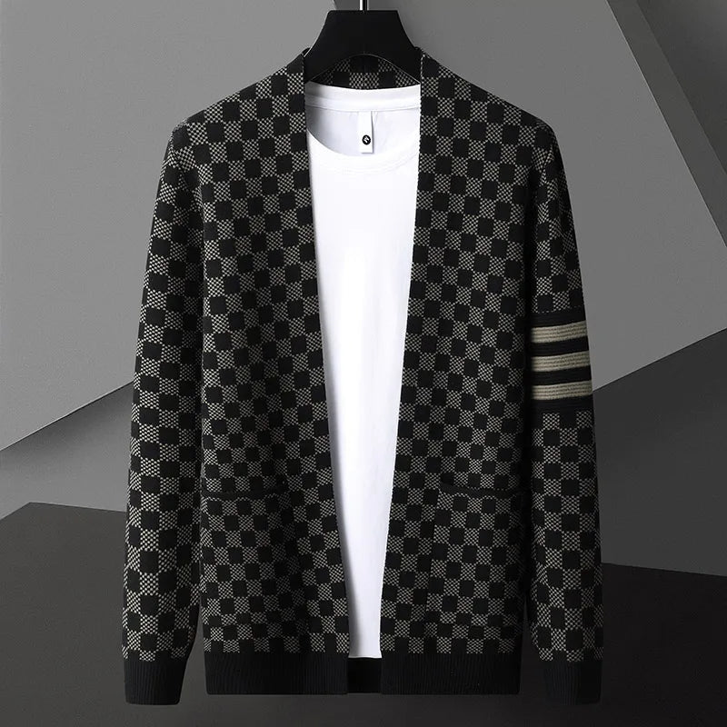 Unisex monochrome checkered knit cardigan open front with bold striped sleeve for effortless layering