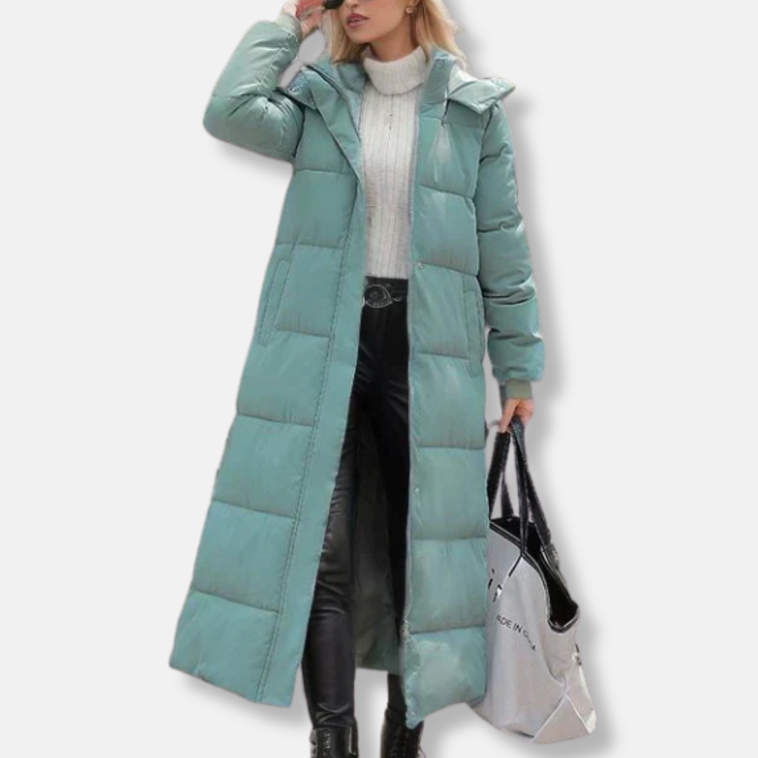 Women's full-length oversized quilted puffer coat with high collar hood for winter warmth