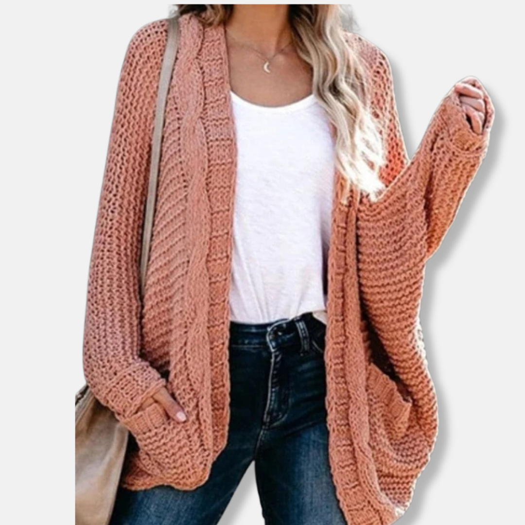 Isla wool oversized open-front cardigan for women with ribbed detailing and cozy pockets