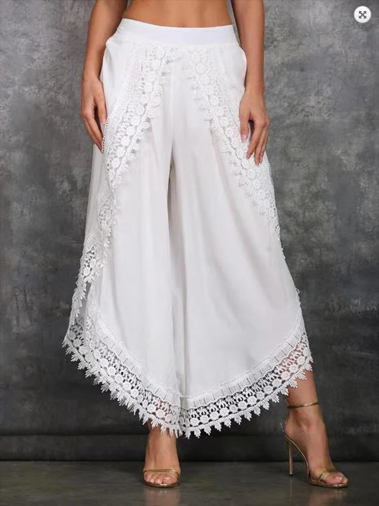Women's wide leg trouser cotton blend scalloped hem floral lace panels lightweight fashion pant
