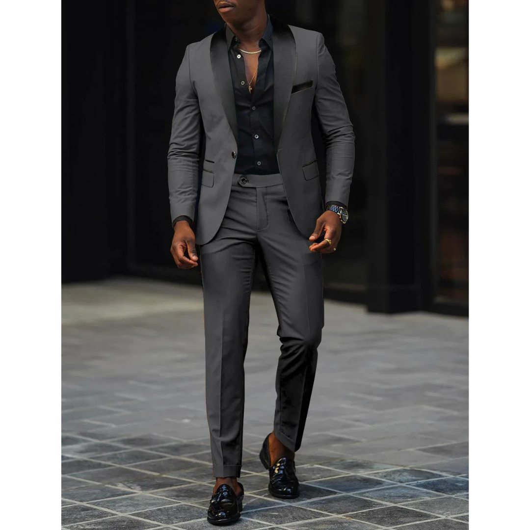 Men's slim fit black tuxedo suit with satin lapels, modern structured blazer for wedding guests