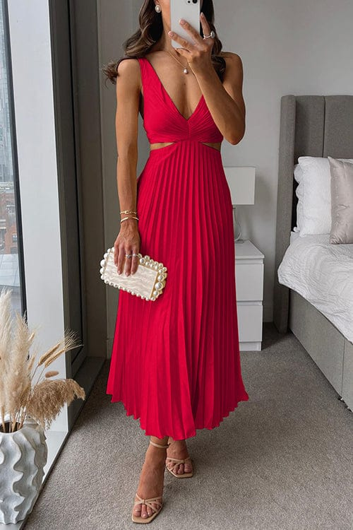 Amber women's midi dress beige pleated cutout silhouette with fluid movement for spring elegance