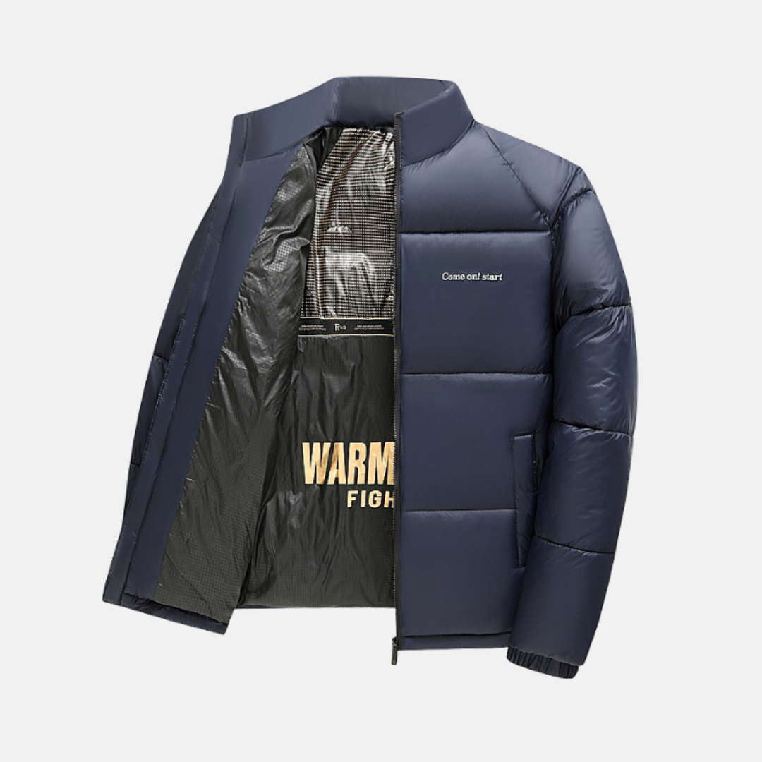 Men's black quilted puffer coat loose fit stand collar full zip hip-length insulated winter jacket