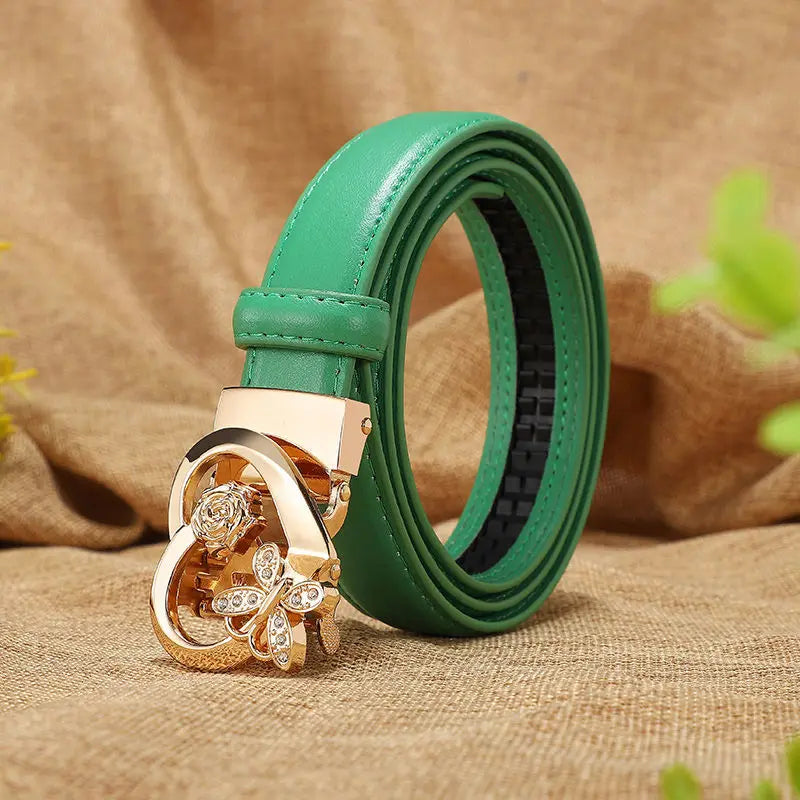 Women's high-gloss genuine leather belt gold butterfly rose crystal buckle bold feminine waist accent
