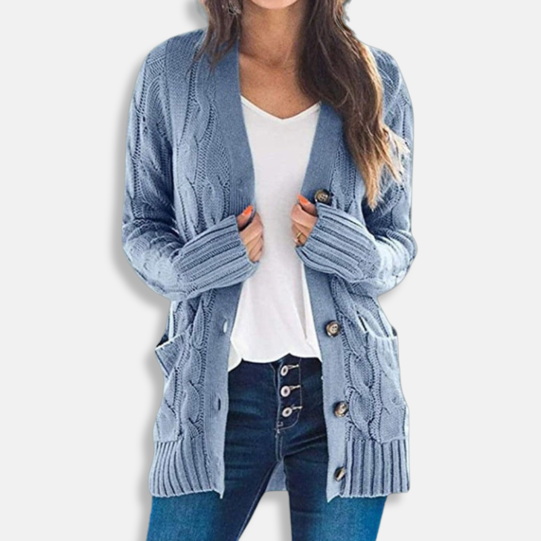 Women's cozy chunky cable knit cardigan sweater relaxed fit with button front closure