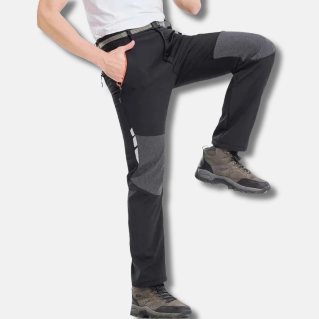 Men's slim fit outdoor sports pants dark color water-resistant reinforced knees zipper pockets hiking travel
